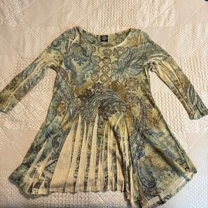 Y2K Calstyle vintage paisley print long sleeve top with beaded flower detail